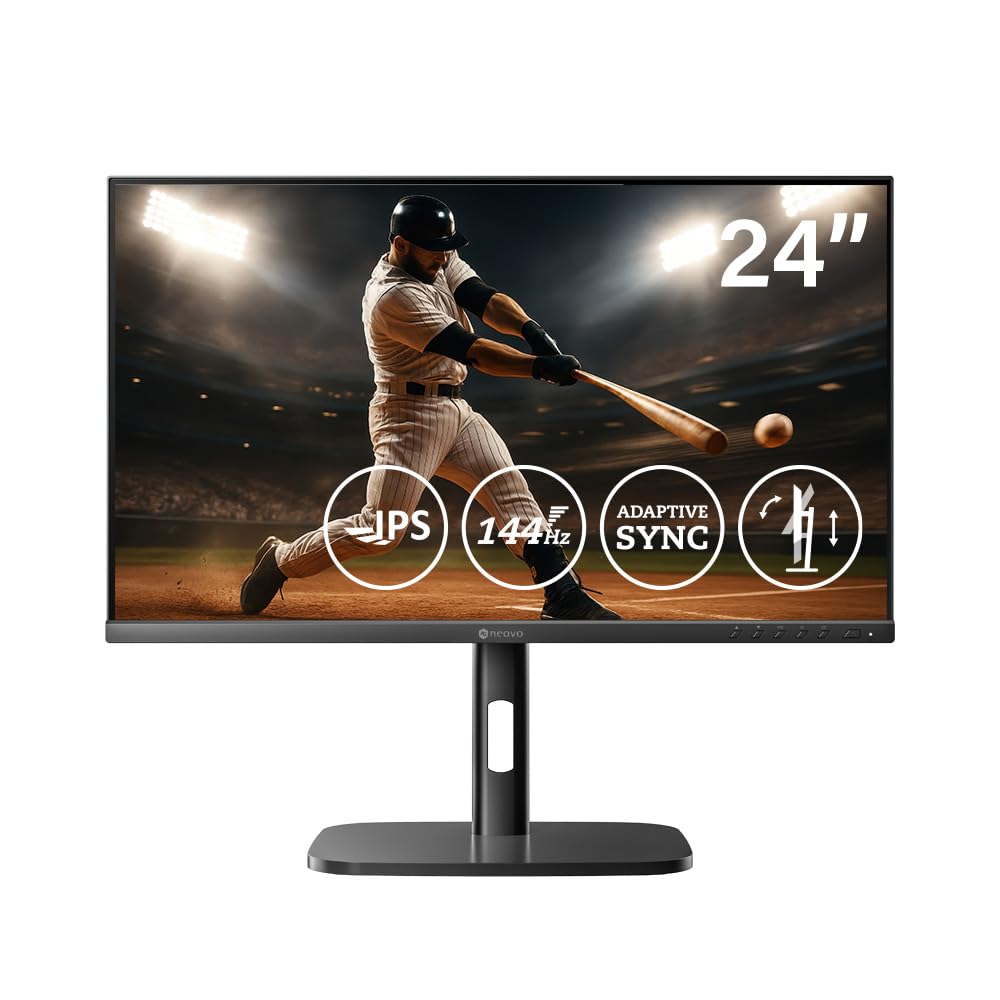 AG Neovo MH2404 24 Inch Height Adjustable 144Hz Full HD Monitor with Ergonomic Stand, Tilt, Swivel, Pivot, Height Adjustment, HDMI, DisplayPort,