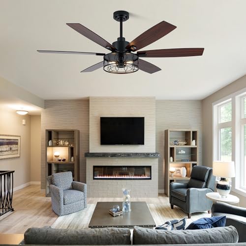 Image of Dawn Whisper Black Ceiling Fans with Lights 60 Inch Farmhouse Ceiling Fan with Remote Quiet Reversible DC Motor 6 Speeds 8 Blades Large Industrial Chandelier Fan for Living Room Bedroom