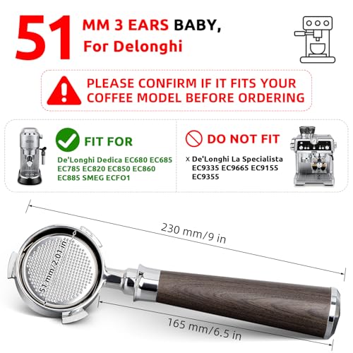 51mm Bottomless Portafilter 3 Ears, YMWVH Professional Espresso Portafilter 51mm for De-longhi EC680, EC685 & EC885 Espresso Machine, Stainless Steel Basket and Walnut Handle