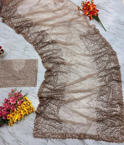 Image of Naari Women's Brown Beige Chiku Net Gold Sequence Saree With Blouse (Soneri New 3)