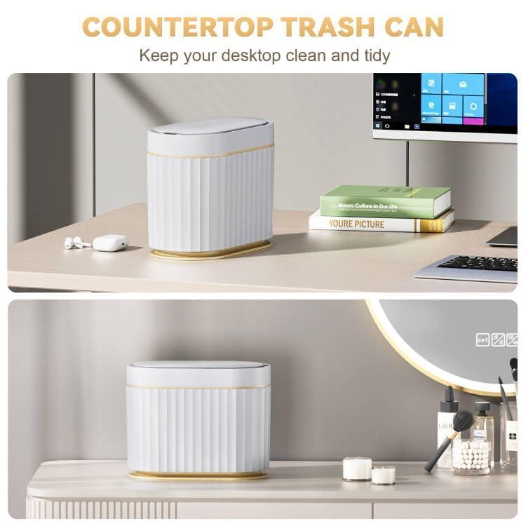 Image of jinligogo ELPHECO Touchless Trash Can with Lid, 1.3 Gallon / 5 Liter Small Automatic Motion Sensor Garbage Bin, Slim Rectangular Plastic Wastebasket for Bathroom, Bedroom, Kitchen, Office (Golden)