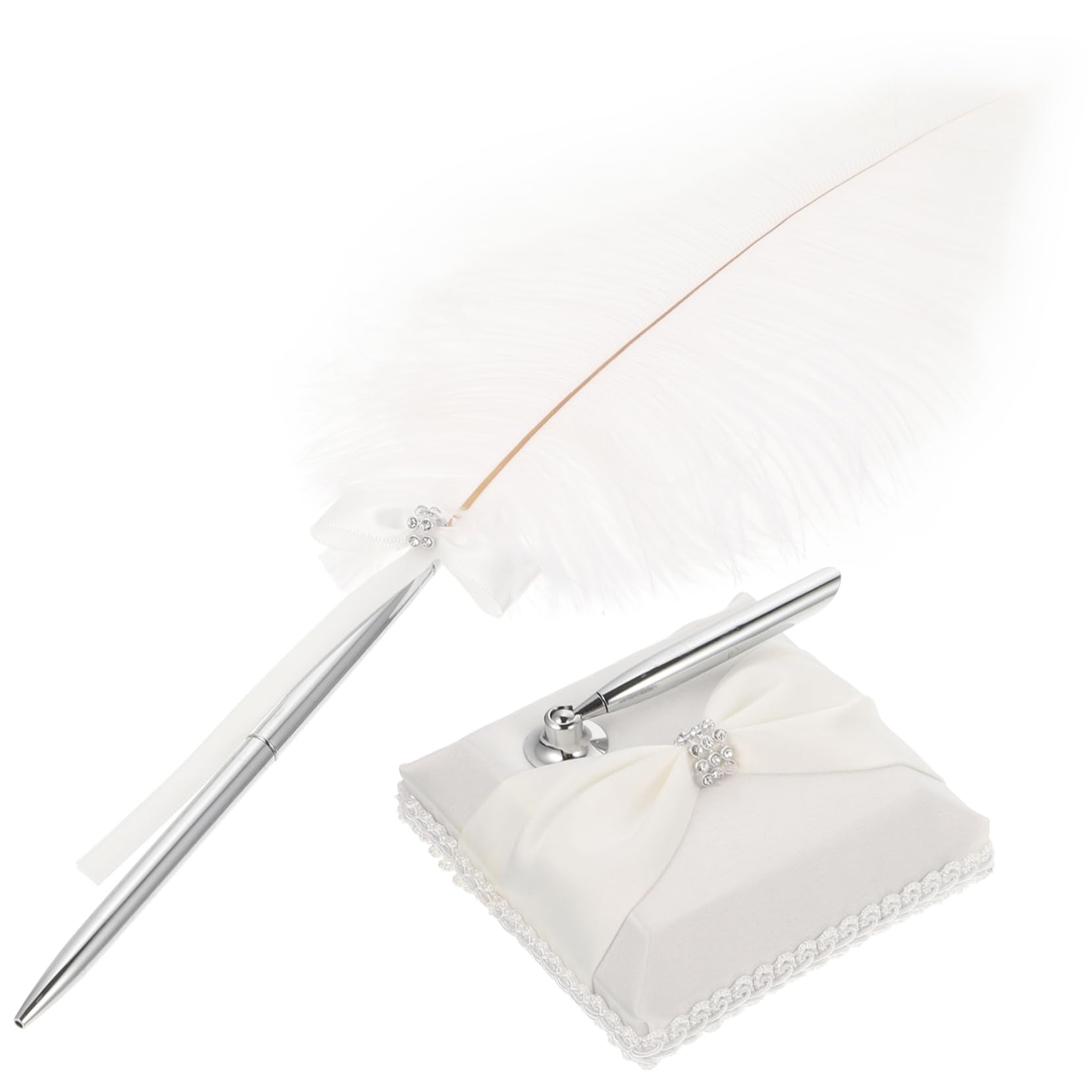 HOMSFOU Stylo pour Signature de Mariage Blanc en Satin et Plume D'autruche avec Porte-stylo Rotatif 360 Degrés, Élégant pour Cérémonie Nuptiale