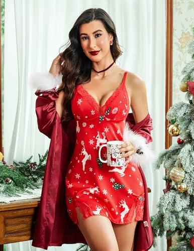 Image of ADOME Lingerie for Women Lace Chemise Nightgown Satin Babydoll Dress Silk Slip Nightwear S-XXL