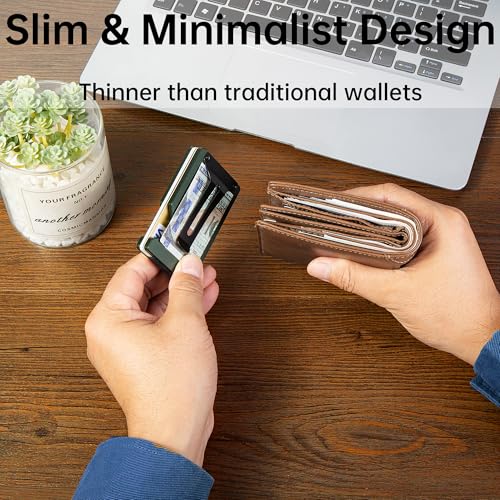 Image of Minimalist Wallet for Men, Slim Metal RFID Blocking Wallet Credit Card Holder Money Clip & Cash Strap, Scratch-Resistant Holds 15 Cards,Ideal Gift for Men | Matte Green