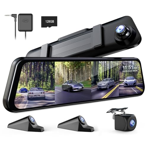 360 Degree View 4 Channel Mirror Dash Cam Detached Camera for Cars,Dash Cam Front and Rear Side(Left,Right),12'' Rear View Mirror Camera FHD1080Px4,Night Vision,GPS,Parking Monitor,Free 128GB Card