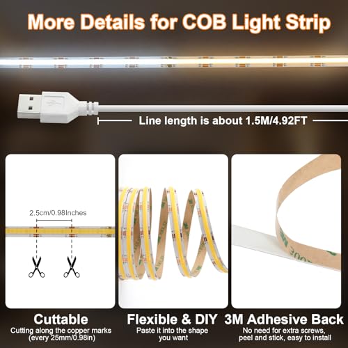 Image of iNextStation 6.56FT CCT COB LED Strip Lights 2700K-6500K USB 5V LED Strips | 608LEDs LED Light Strips, Cuttable DIY LED Lights, High CRI93+ LED Tape Lights for TV Backlight, Cabinet, Mirror, Party Decor