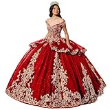 Uiykhr Elegant Beading Quinceañera Dresses Red XV Dresses Layered Gold Applique Ball Gown Puffy Off Shoulder Vestidos para 15 Años Size 12