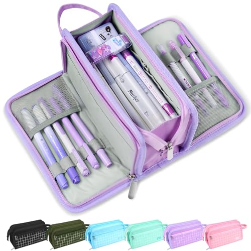 Image of Sooez Large Pencil Case, Big Capacity Pencil Pouch Pen Bag with 3 Compartment, Portable Canvas Stationery Organizer with Zipper, Cute Aesthetic School Supplies for Teen Girls, Purple with Plaid