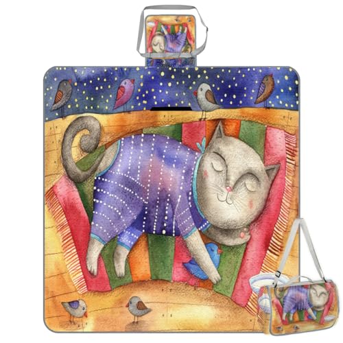 Shimoshe Picnic Blankets 57”x 59”, Vintage Cat Waterproof Sandproof Picnic Mat Lightweight Foldable Beach Blanket for Camping Park Grass Beach Outdoor Blanket