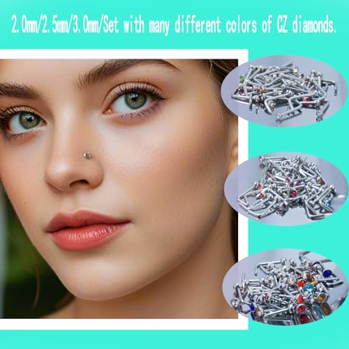 180Pcs 20G Surgical Stainless Steel Nose Rings Hoops Straight/L Shapes Nose Studs 2.0/2.5/3.0mm Cubic zirconia Hypoallergenic Nose Studs Silver Gold Rose Gold Black Rainbow Blue Lip Rings Nose Rings Piercing Jewelry Set for Women Men3