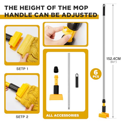Image of Thyle 6 Pack Stainless Steel Commercial Mop Handle for Floor Cleaning, Mop Stick Replacement with Grip Clamp, Heavy Duty Replacement Pole for Home Garage Office