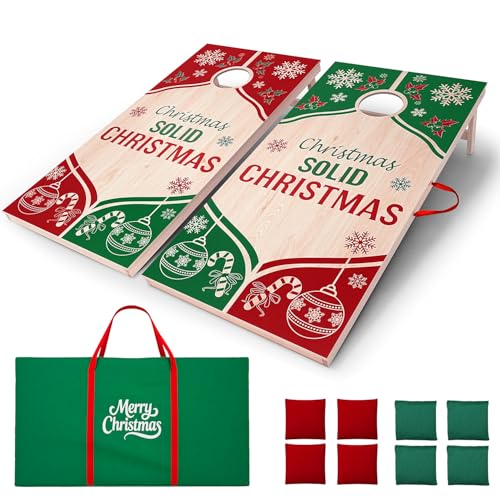 Christmas Cornhole Board Set for Family Games – Regulation Size (4x2ft) Solid Wood, All-Weather Bags & Case. The Ultimate Outdoor/Indoor Corn Hole Games for Holiday Gatherings & Tailgate Fun