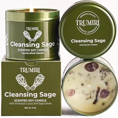 Sage Candle for Cleansing House Negative Energy Smudge Kit - 5oz Soy Wax Natural Clean Organic Non Toxic - Aromatherapy Spiritual Meditation Gifts - Long Lasting Highly Scented Candel with Crystals