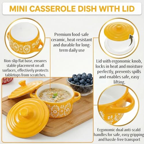 Image of Goaste 4 Pack Porcelain Ramekins with Lids, 7 OZ Mini Casserole Dish with Handles, Round Ceramic Cocotte Bowl Set, Individual Small Baking Dish for Souffle, Creme Brulee, Lava Cake, Soup (4 Colors)