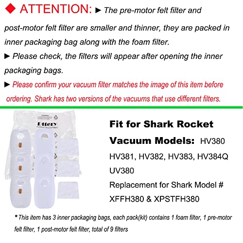 Image of Dttery 3 Pack for Shark Rocket DuoClean HV380 HV380C HV380W HV381 HV381C HV382 HV382BRN HV383 HV384Q Filter Kit, 6 Pre-Filters (3 Foam+3 Felt) and 3 Post-Filters Replacement Part XFFH380 XPSTFH380