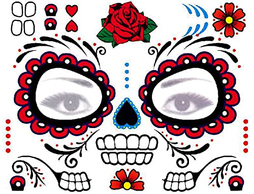 Day of Dead Face Tattoos, 6-Sheet Sugar Skull Tattoos Temporary Stickers and 3-Sheet Fake Floral Black Skeleton Web Full Face Mask Tattoo for Women Girls Kids Holloween Face Makeup - Image 4