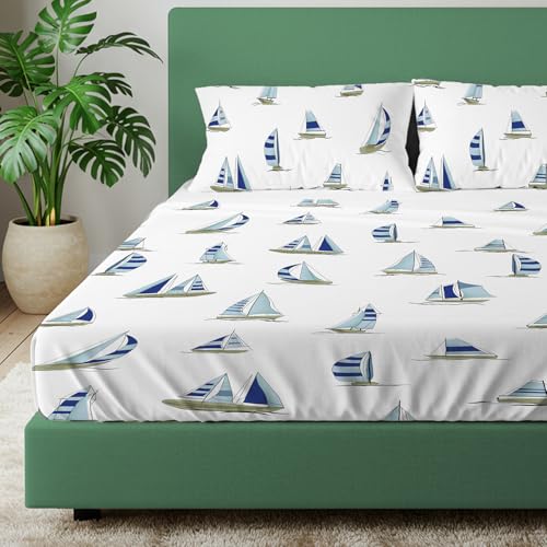 Image of Urban Space 144 TC Divine 100% Cotton Bedsheet for Double Bed with 2 Pillow Covers, Queen Bedsheet (Size 90 x 100 inches, Ocean Boats Blue, Double)