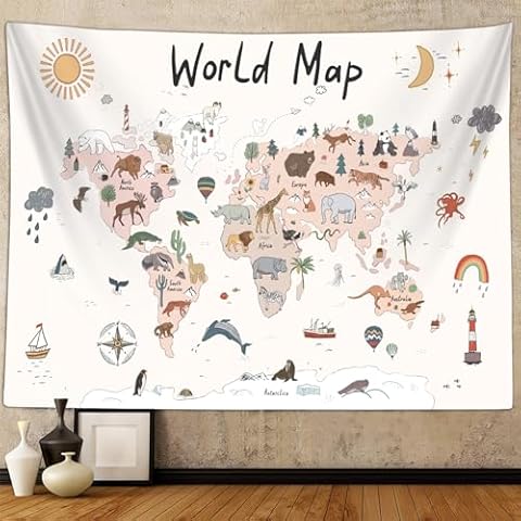 Sanzugh World Map for Kids Tapestry, Cute Cartoon Animals Map Classroom Art Tapestries Wall Hanging for Boys Bedroom College Dorm Living Room Office Decor 60X40 Poster Cover