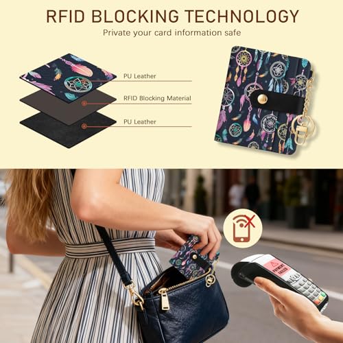 Image of Jogjam Colorful Dream Catchers with Feathers Rfid Ladies Wallet, Small Credit Card Women Wallet, Boho Traditional Circular Net PU Leather Bifold Cash Zipper Coin Pocket for Female Blessing