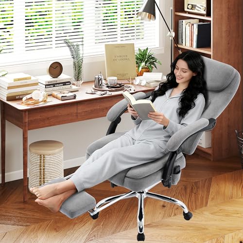 Image of 500LBS Massage Office Chair, 6 Points Vibration & Heat Executive Office Chairs, 135Reclining Comfy Desk Chair with Foot Rest, Wider & Thicker Seat Cushion, Fabric Big and Tall Gaming Chair, Grey