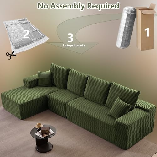 Image of 135 inch Cloud Sectional Couch with L-Shape Chaise, Modern Modular Comfy Sofa with Deep Seat, Upholstered Corduroy Couches Sleeper Chaise Longue for Living Room Bedroom, No Assembly Required, Green