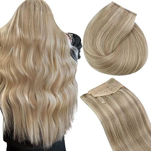 Sunny Blonde Hair Extensions Fish Line Real Blonde Highlights #16/22 Fishing Wire Hair Extensions Golden Blonde Highlight Medium Blonde Invisible Wire Extensions Blonde One Piece Hair 18inch 80g
