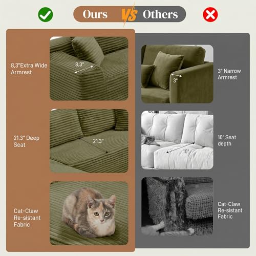 Image of 95 inch L Shaped Cloud Boneless Sectional Couches for Living Room, Modern Comfy Modular Deep Seat Memory Foam Compressed Corduroy Sofa Oversized Left Facing Chaise, No Assembly Required, Green