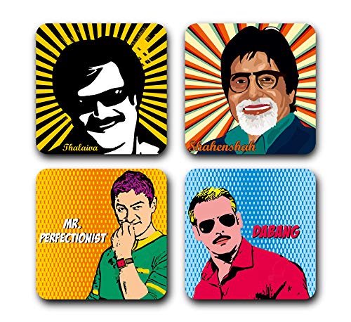 Presta Gifts Tea Coaster Set Bollywood Legends Printed, MDF Wood Material Coasters for Home and Kitchen, Office Table, Dining Table, Home Decor (3.5x3.5 inches, Set of 4)