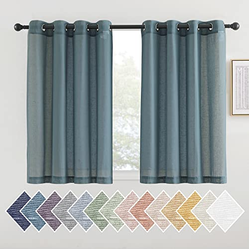 NICETOWN Smoke Blue Linen Sheer Curtains 45 inch Long for Kitchen, Grommet Semi Sheer Linen Curtains & Drapes Privacy with Light Filtering for Bedroom, 2 Panels, W52 x L45