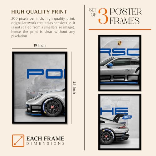 Image of ARTELLY Big Porsche 911 GT3rs Sports Car Framed Wall Posters, Set of 3, Premium Framed Painting, Living Room Bedroom Decoration, Large Size Gift Item for Boys Room Decor (Porsche 1, 19x25 inch)