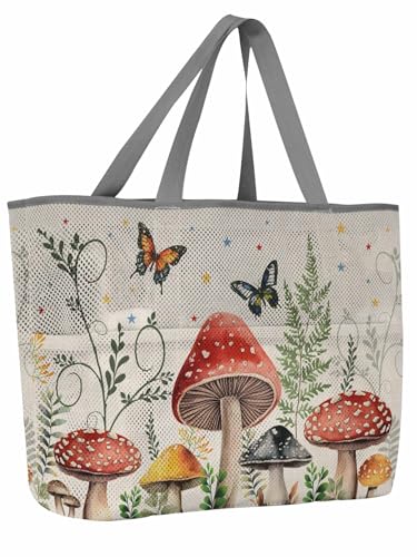 Mesh Beach Bag Oversized Tote Bags for Women Farm Mushroom Butterfly Star Large Travel Pool Bags with 8 Pockets