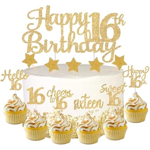 Wolpark 85Pcs Glitter Gold 16th Birthday Decorations Sweet 16 Cake Topper and Star Cupcake Toppers Happy 16th Birthday Cupcake Picks Party Supplies for Birthday Anniversary Cover