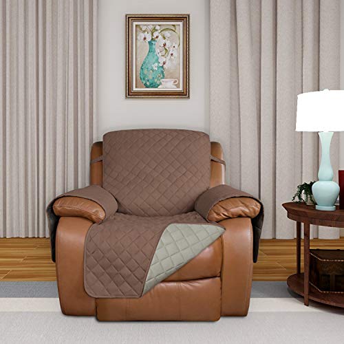 Image of PureFit Reversible Quilted Sofa Cover, Water Resistant Slipcover Furniture Protector, Washable Couch Cover with Non Slip and Elastic Straps for Kids, Dogs, Pets (Oversized Recliner, Brown /Beige)