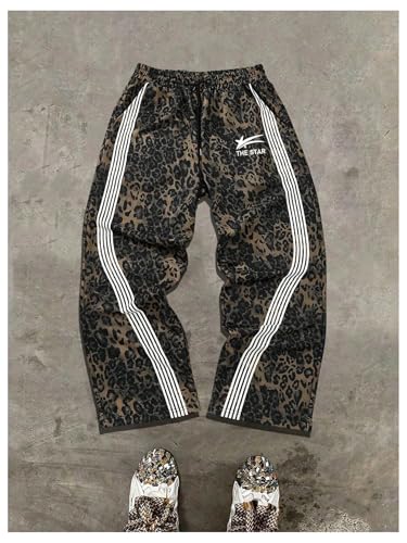 Verdusa Men's Striped Baggy Pants Leopard Print Drawstring Lightweight Loose Trousers3