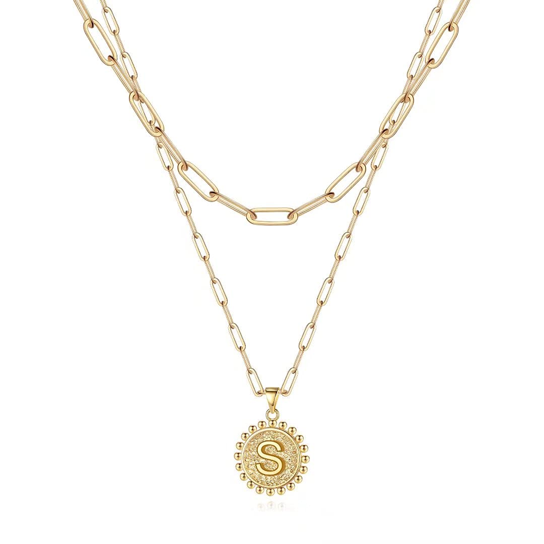 Ursteel Initial Necklace for Women - 14K Gold Plated Dainty Initial Necklaces for Women Trendy, Layered Paperclip Chain Choker Pendent Jewelry Gifts