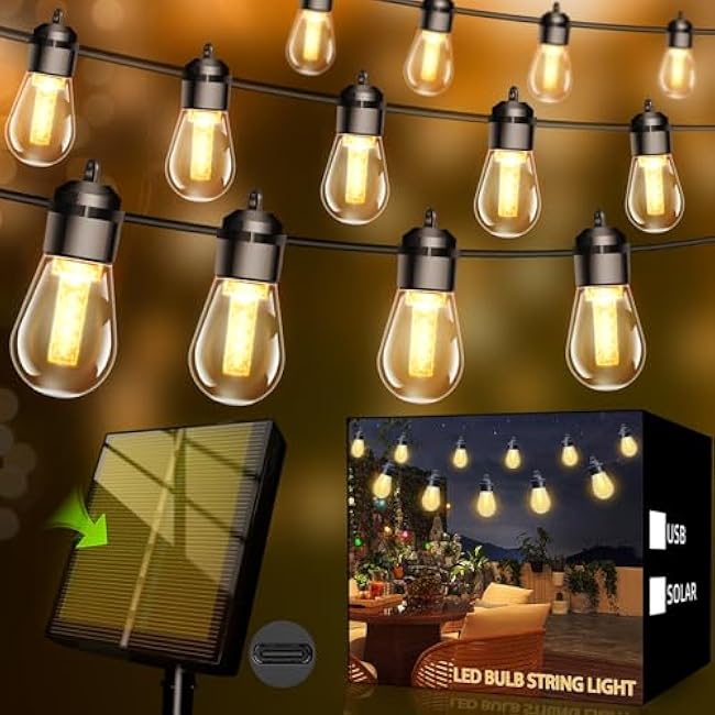 Solar Lights Outdoor Waterproof IP67 with 15 LED Shatterproof Edison Bulbs,2500mAh Battery Solar/USB Powered,Indoor/Outside LED String Lights 40FT,Warm White 3000K LED Light Decor Patio Garden Camping