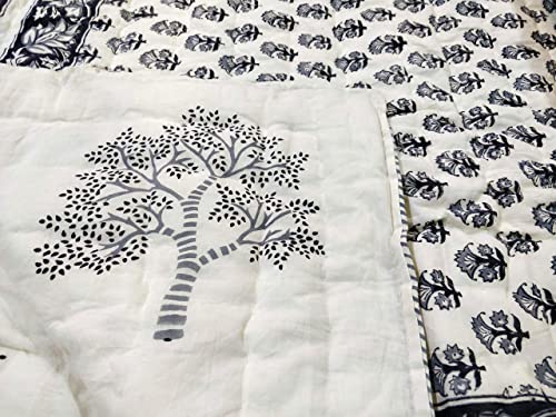 Image of BLOCKS OF INDIA Cotton Single Size Quilt Hand Block Print for Light Winters (60X90 Inches) (Grey Tree, Lightweight), 300 TC