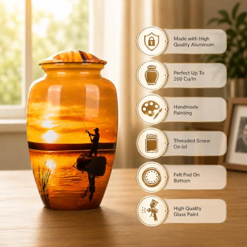 Image of Fishing Cremation Urn for Human Ashes - Large Urn for Adult Male or Female, Holds Up to 200 lbs - Yellow Memorial Urn with Black Velvet Bag