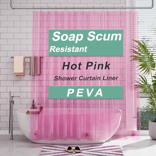 AmazerBath Shower Curtain Liner 72x72 Transparent Hot Pink Shower Liner Lightweight Plastic Shower Curtain Liners Cute Waterproof Shower Liner for Bathroom with 3 Magnets & 12 Grommet Holes