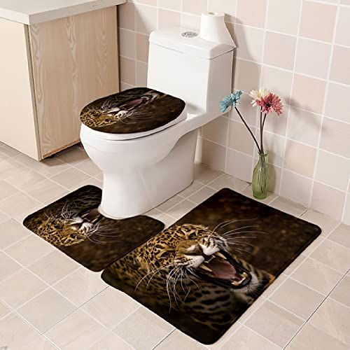 Badezimmer Teppich Set Weich Waschbar Badezimmerteppich 3 TLG rutschfeste Badeteppich WC Vorleger Deckelbezug U-förmige Konturmatte Memory Schaum Badezimmermatte ( Braunes Tier Leopard )