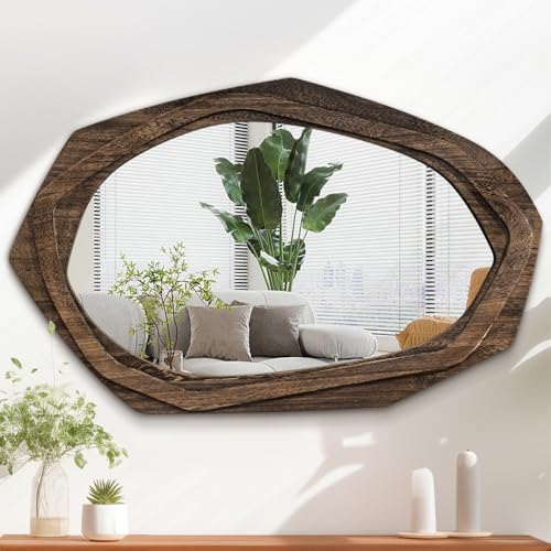 AAZZKANG Espejos asimétricos de pared grandes con marco de madera retro, espejos colgantes irregulares para baño, dormitorio, sala de estar, entrada, 70 cm de largo x 45 cm de ancho