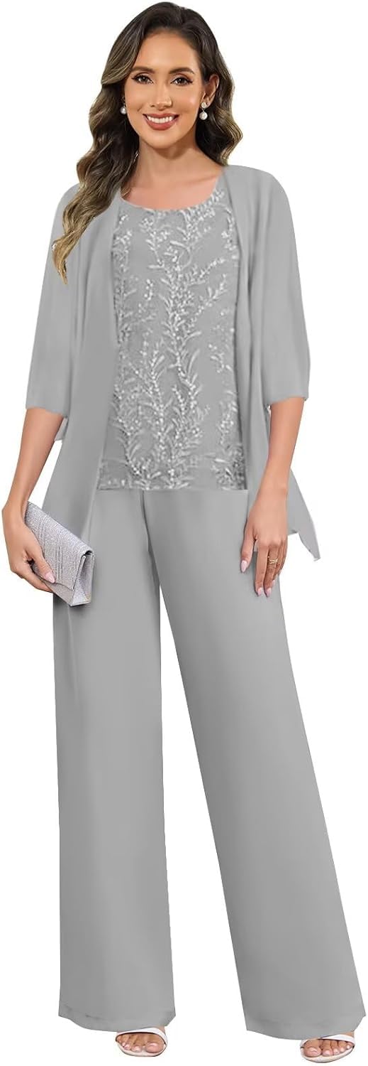 Mutter Der Braut Festlich Hosenanzug Damen 3-Teilig Chiffon Anzug Pailletten Brautmutter Outfit Hosenanzüge Mit Jacke