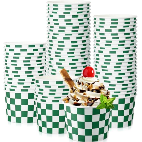 Image of Zopeal 50 Count Dark Green Checkered Ice Cream Cups Disposable Race Car | Dessert Bowls 9 oz, Paper Ice Cream Bowls, Birthday Party Supplies, Snack Cups Sundae Picnic Yogurt Bowls for Food