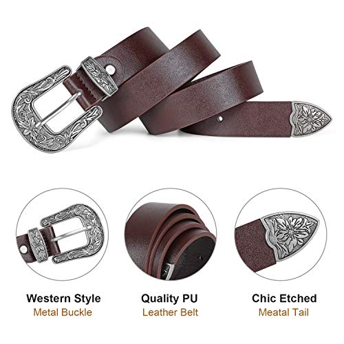 SANSTHS Western Belt For Women, Womens Cowboy Belt For Pants Jeans With Vintage Floral Carved Design