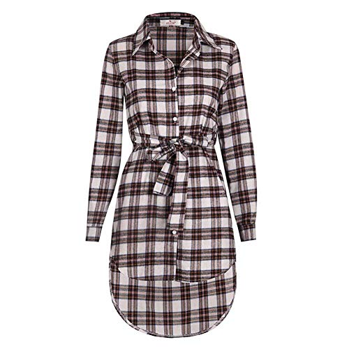 Blusekleid Damen Vintage Klassisch Kariert Apparel Hemdblusenkleid Elegante Herbst Mädchen Langarm Asymmetrisch Einreihig Irregular Revers Vokuhila Freizeit Fashion Kurz Kleider Tunika Hemden Cover