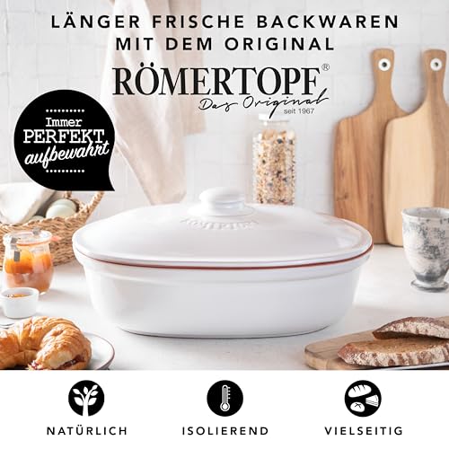 Foto von Römertopf Brottopf weiß 6,5 Liter – ovaler Brotbehälter aus natürlicher Keramik mit Deckel – zur Aufbewahrung von Brot, Brötchen, Obst & Gemüse – atmungsaktiv & spülmaschinengeeignet
