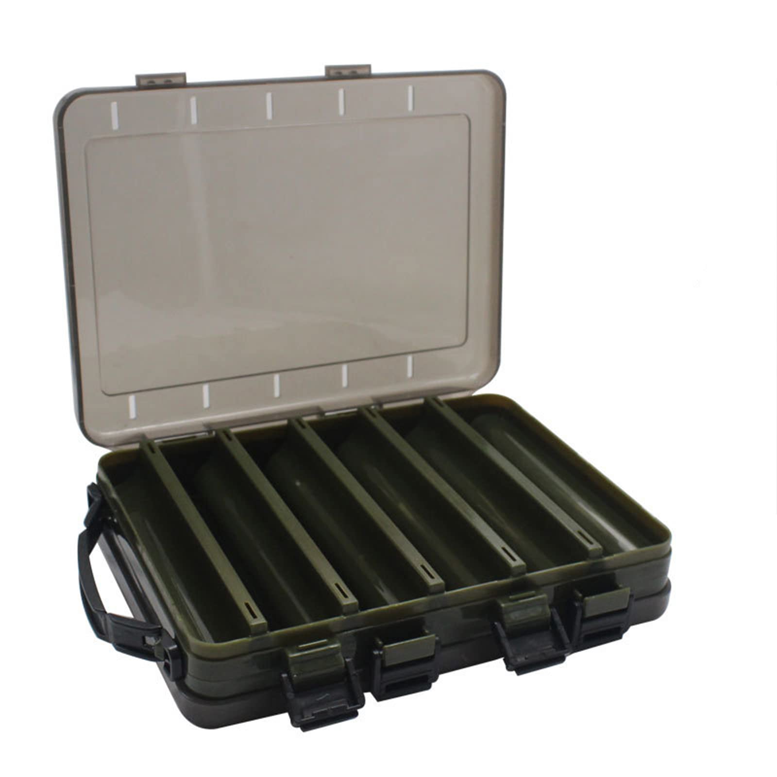 TOPIND Double Sided Fishing Lures Box Transparent Visible Plastic Bait Hooks Boxes Terminal Tackle Bits Clear Storage Organizer Case 14 Compartments with Drain Hole Accessories, Green(1pcs)