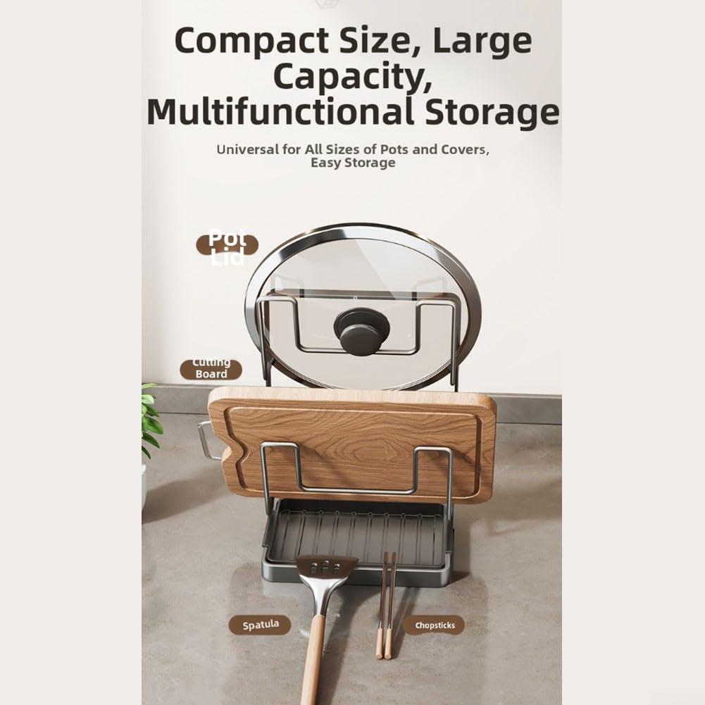 Soporte de cocina de acero resistente al calor con tapa y soporte para cucharón, organizador vertical con almohadillas protectoras para proteger las superficies de la encimera (estante doble para
