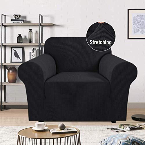 Image of House of Quirk Spandex Jacquard Fabric Checkered Universal Big Elasticity Flexible Stretch Couch Sofa Slipcover (Black, Single Seater , 90-145cm )