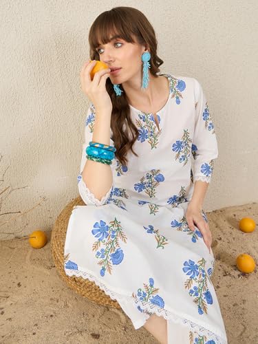 Image of INDO ERA Women's Pure Cotton Floral Printed Straight Kurta & Pant Set (IEAI12023)